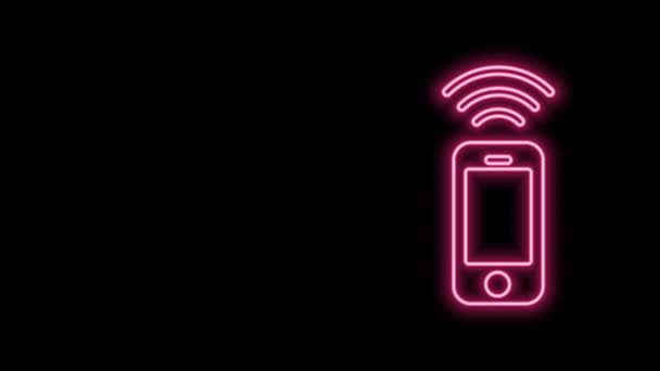 Parlak neon hattı kablosuz akıllı telefon simgesi siyah arkaplanda izole edildi. 4K Video hareketli grafik canlandırması - Video, Çekim