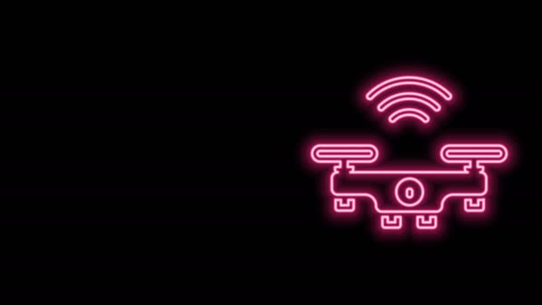 Gloeiende neon lijn Smart drone systeem pictogram geïsoleerd op zwarte achtergrond. Quadrocopter met video- en fotocamera symbool. 4K Video motion grafische animatie - Video