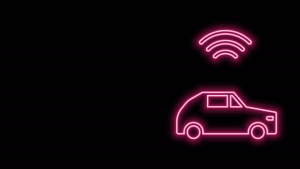 Gloeiende neon lijn Smart auto-systeem met draadloze verbinding pictogram geïsoleerd op zwarte achtergrond. 4K Video motion grafische animatie - Video