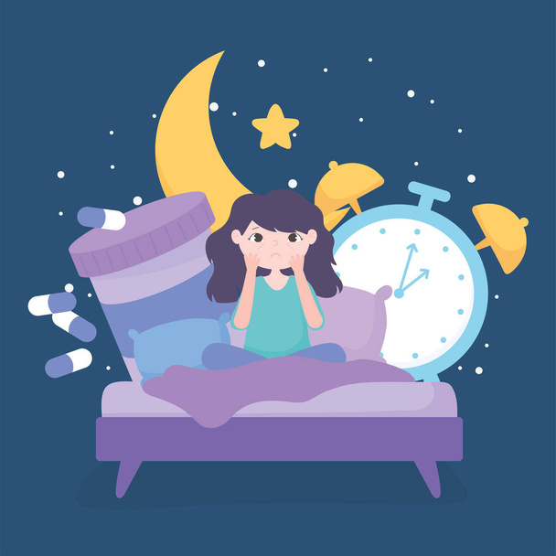 unettomuus, surullinen tyttö sängyssä lääketieteen kello yö - Vektori, kuva