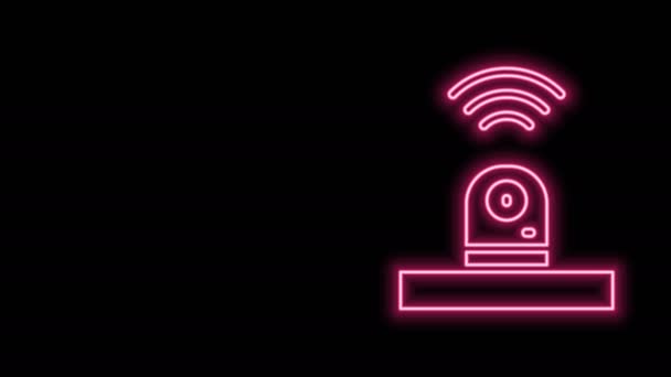 Glowing neon line Smart security camera icon isolated on black background. Internet of things concept with wireless connection. 4K Video motion graphic animation - Footage, Video
