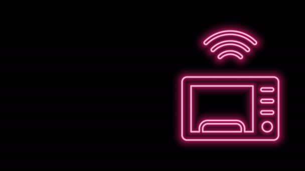 Leuchtende Neon-Linie Smart Mikrowellenherd-System-Symbol isoliert auf schwarzem Hintergrund. Hausgeräte-Symbol. Konzept Internet der Dinge mit drahtloser Verbindung. 4K Video Motion Grafik Animation - Filmmaterial, Video