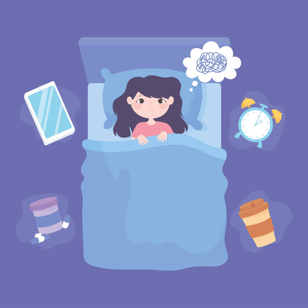 slapeloosheid, top view meisje in het bed depressief - Vector, afbeelding