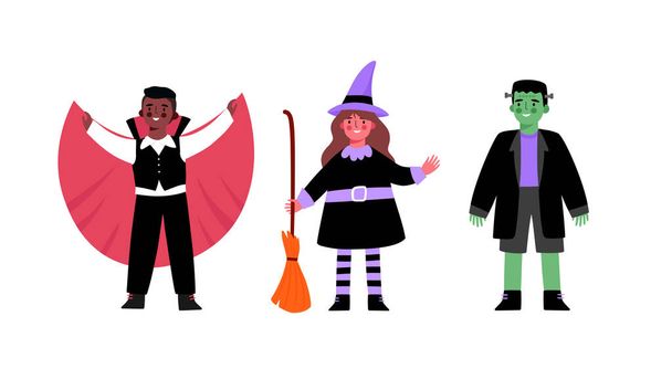 Cute Halloween Set of cartoon characters. Children in costumes for Halloween. Witch, vampire, dracula, Frankensteins monster,zombie. Funny and cute carnival kids set. Vector illustration. - Vector, Image