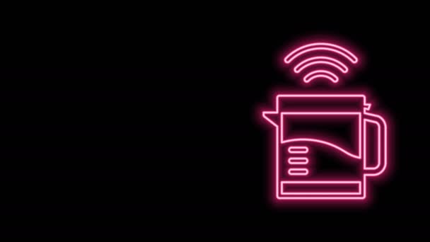 Glowing neon line Smart electric kettle system icon isolated on black background. Teapot icon. Internet of things concept with wireless connection. 4K Video motion graphic animation - Footage, Video