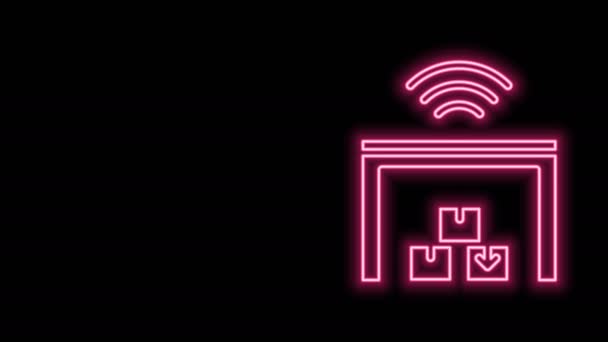 Glowing neon line Smart warehouse system icon isolated on black background. 4K Video motion graphic animation - Footage, Video