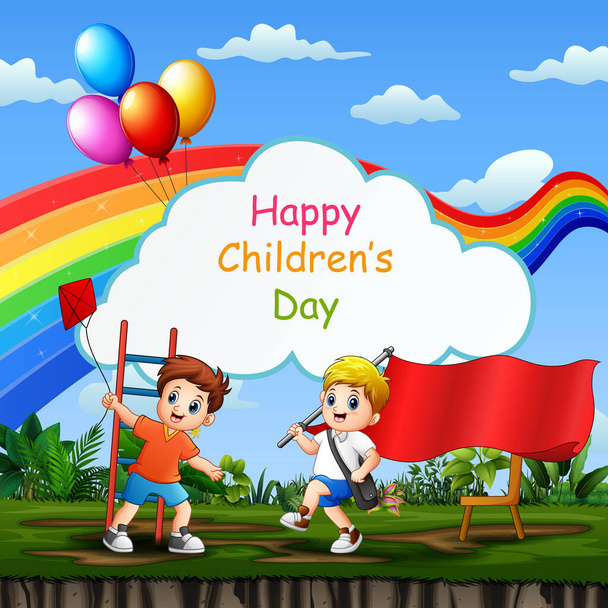 Happy children's day template with kids playing in the park - Vector, Image