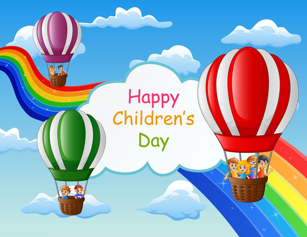 Happy children's day poster with kids in air balloon - Vector, Image