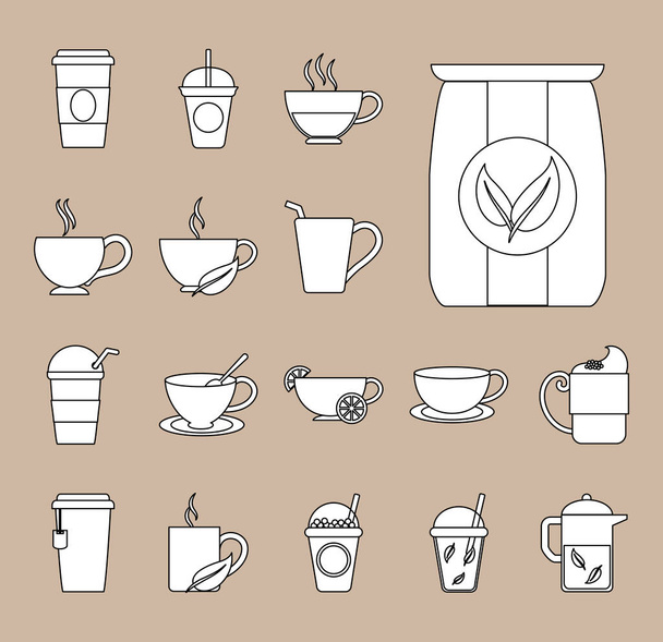 čaj, čerstvý nápoj tradiční konvice poháry čaj sáček cukrový list, ikony set line - Vektor, obrázek