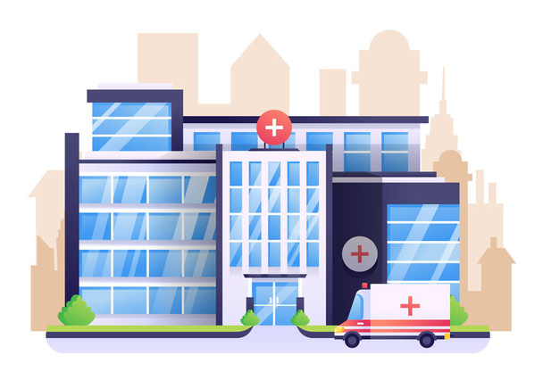Krankenhausvektorillustration, ein Gesundheitsgebäude mit städtischem Hintergrund. - Vektor, Bild