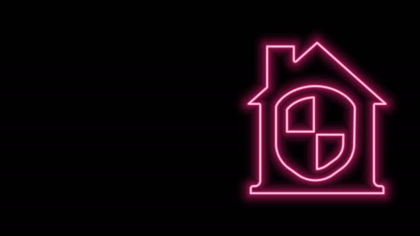 Świecąca neonowa linia Dom pod ikoną ochrony izolowany na czarnym tle. Dom i tarcza. Ochrona, bezpieczeństwo, ochrona, ochrona, koncepcja obrony. 4K Animacja graficzna ruchu wideo - Materiał filmowy, wideo