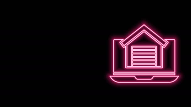 Gloeiende neon lijn Online vastgoed huis op laptop icoon geïsoleerd op zwarte achtergrond. Woningkredietconcept, huur, koop, koop een woning. 4K Video motion grafische animatie - Video