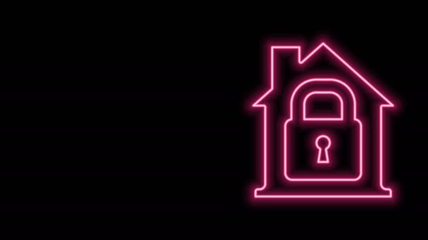 Świecąca neonowa linia Dom pod ikoną ochrony izolowany na czarnym tle. Dom i zamek. Ochrona, bezpieczeństwo, ochrona, ochrona, koncepcja obrony. 4K Animacja graficzna ruchu wideo - Materiał filmowy, wideo