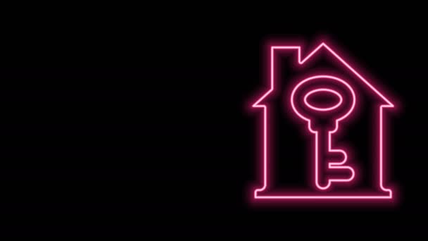 Gloeiende neon lijn Huis met sleutel pictogram geïsoleerd op zwarte achtergrond. Het concept van het huis turnkey. 4K Video motion grafische animatie - Video