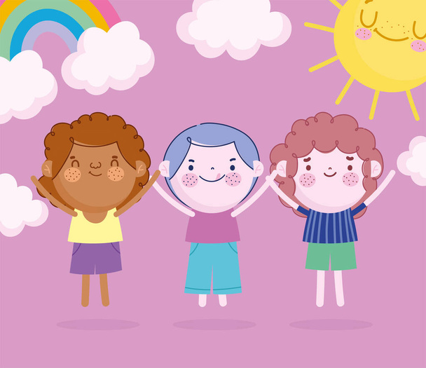 jour des enfants, dessin animé petits garçons arc-en-ciel et soleil - Vecteur, image