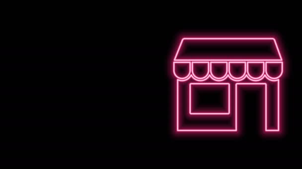 Leuchtende Neon-Linie Einkaufsgebäude oder Marktladen-Symbol isoliert auf schwarzem Hintergrund. Ladenbau. 4K Video Motion Grafik Animation - Filmmaterial, Video
