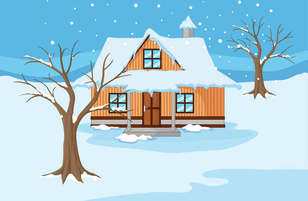 Vector illustration of Winter landscape with house and trees - Vector, Image