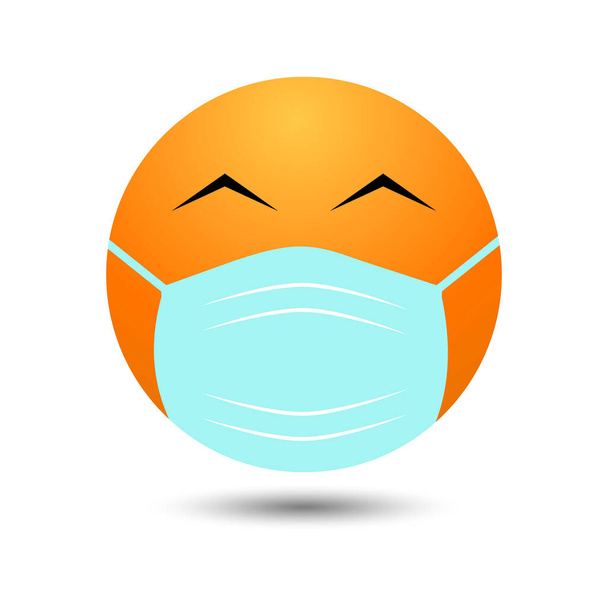 Emoji com uma máscara de boca - uma cara amarela com olhos estreitados de um sorriso em uma máscara cirúrgica branca - Vetor, Imagem