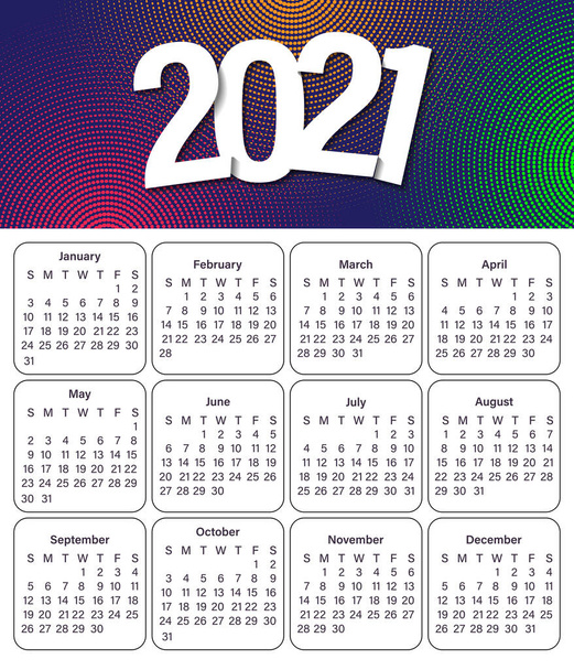 A 2021-es naptár tervezése. Havi naptár 2021. 12 hónapra van beállítva. Vasárnap kezdődik a hét. Absztrakt művészeti vektor illusztrációk. - Vektor, kép