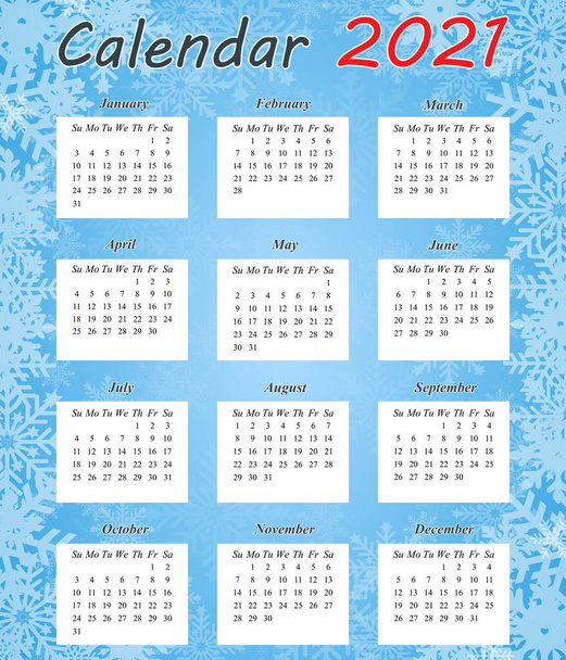 2021年のカレンダーのデザイン。2021年の月次カレンダー。セットは12ヶ月間設計されています。週は日曜日に始まります。ベクトルイラストの概要. - ベクター画像