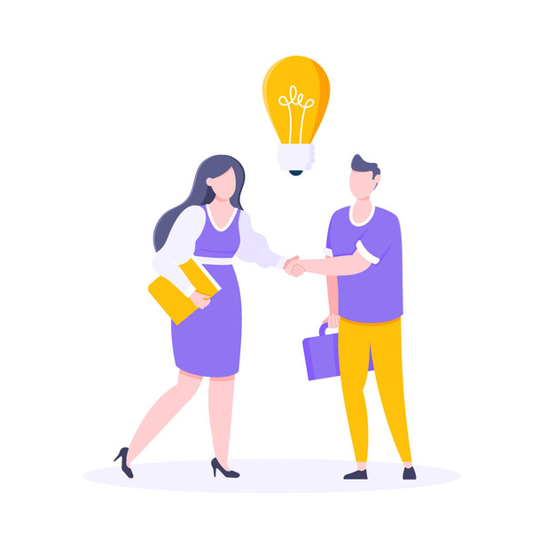 Two people shaking hands together and have an idea flat style design vector illustration. - Vector, Image