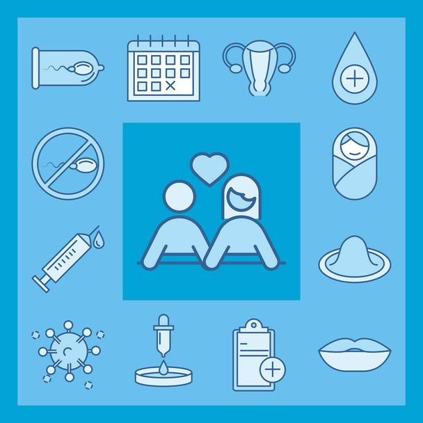 Sexuelle Gesundheit, Familienplanung Methoden setzen Symbole Linie füllen blau - Vektor, Bild
