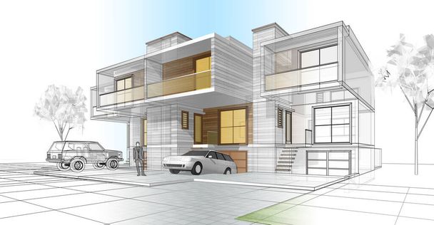 townhouse architectural sketch 3d illustration - Photo, Image