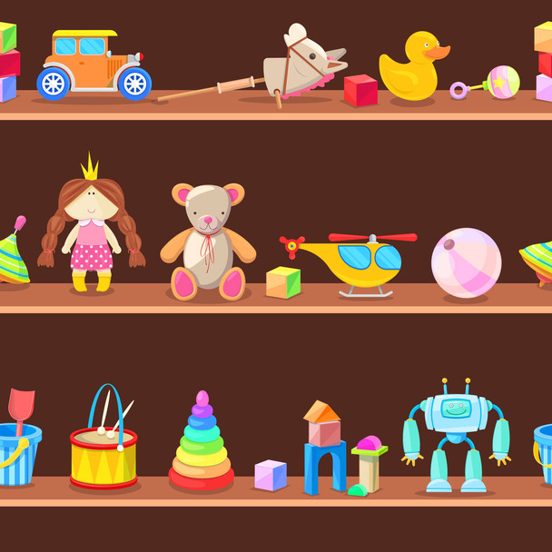 Armario de madera con juguetes para niños en estantes. Fondo de vector sin fisuras. Sala de juegos o ilustración de tienda. - Vector, Imagen