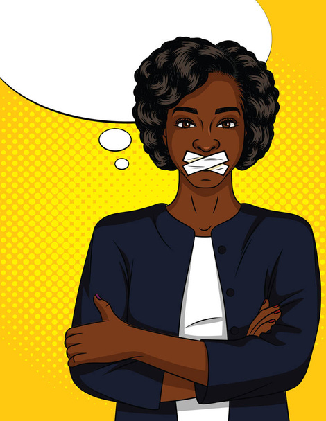 Color vector pop art comic style woman with sealed mouth. A beautiful dark-skinned woman in a suit cannot speak. African american woman standing with closed mouth on yellow halftone background - Vector, Image