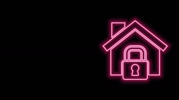 Linha de néon brilhante Casa sob o ícone de proteção isolado no fundo preto. Casa e fechadura. Protecção, segurança, segurança, protecção, conceito de defesa. Animação gráfica em movimento de vídeo 4K - Filmagem, Vídeo
