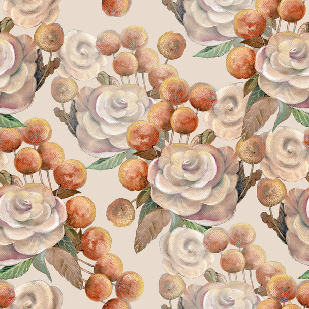 Flowers with leaves drawing in pastel. Autumn composition. Seamless pattern on milk background. - Foto, afbeelding
