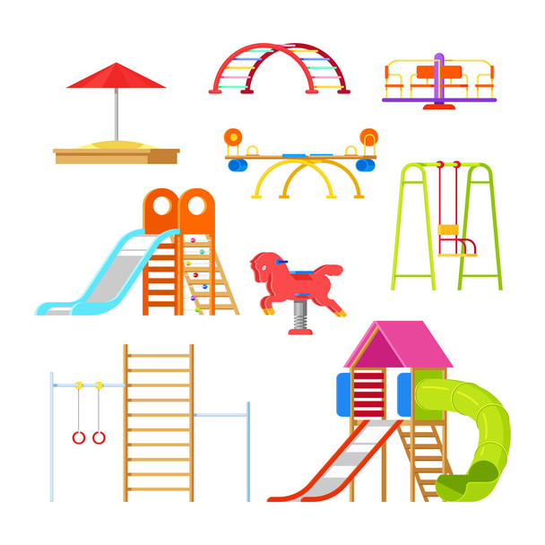 Παιδική χαρά και νηπιαγωγείο, μεμονωμένες εικόνες και σχεδιαστικά στοιχεία. Swing, διαφάνεια, sandbox και άλλα είδη υπαίθριου παιχνιδιού. Εικονογράφηση διανυσμάτων - Διάνυσμα, εικόνα
