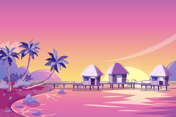 Trópusi sziget rózsaszín naplemente táj. Vektor rajzfilm illusztráció. Palmok, tengerpart és bungalók az óceánban. Nyári utazási háttér. - Vektor, kép