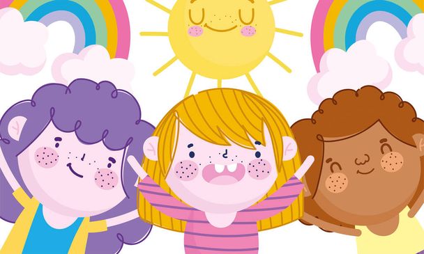 День детей, счастливые маленькие мальчики радуга и солнце мультфильм - Вектор,изображение