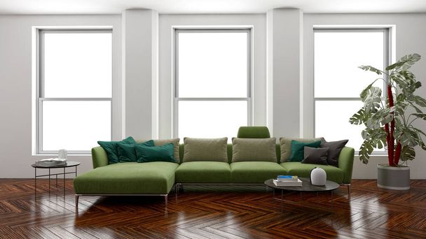 Amplios interiores luminosos modernos de lujo Ilustración de maqueta de sala de estar Imagen generada digitalmente por computadora 3D - Foto, imagen