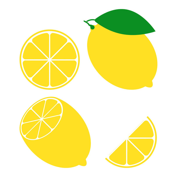 Набір свіжих лимонних фруктів ізольовано на білому тлі. Цілий, навпіл, нарізаний цитрусовий. Колекція цитрусових. Логотип або значок лимона
. - Вектор, зображення