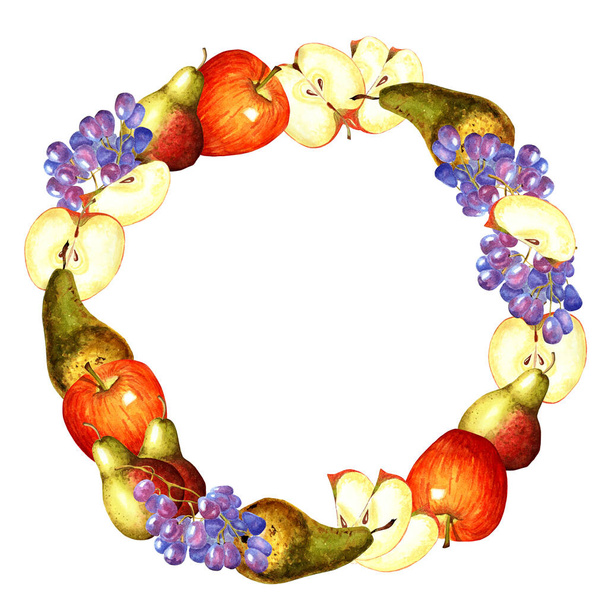Quadro redondo feito de maçãs, peras e uvas. Ilustração aquarela isolada sobre fundo branco. Desenhado à mão. - Foto, Imagem