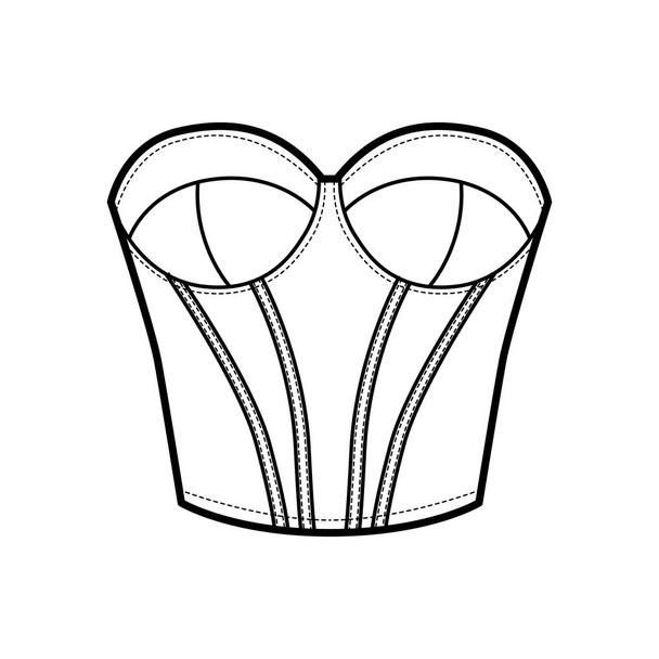Bustier longline corsetry σουτιέν εσώρουχα τεχνική απεικόνιση μόδας με φορμαρισμένο κύπελλο, οστά, γάντζο-και-μάτι κλείσιμο. Επίπεδη - Διάνυσμα, εικόνα