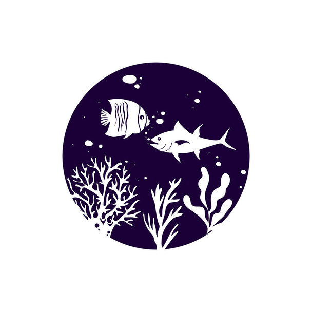 Circle with Fish and Algae White Silhouettes Vector Illustration - Vecteur, image
