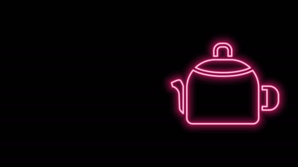 Világító neon vonal Kettle fogantyú ikon elszigetelt fekete háttérrel. Teáskanna ikon. 4K Videó mozgás grafikus animáció - Felvétel, videó