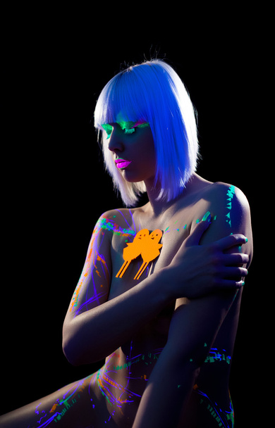 Image of disco girl with luminous pattern on body - Foto, Imagem