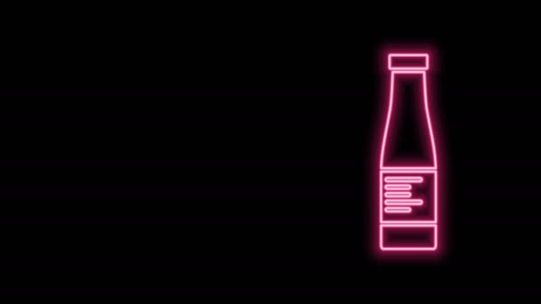 Parlayan neon hattı sos şişesi simgesi siyah arka planda izole edilmiş. Ketçap, hardal ve fast food için soslu mayonez şişeleri. 4K Video hareketli grafik canlandırması - Video, Çekim