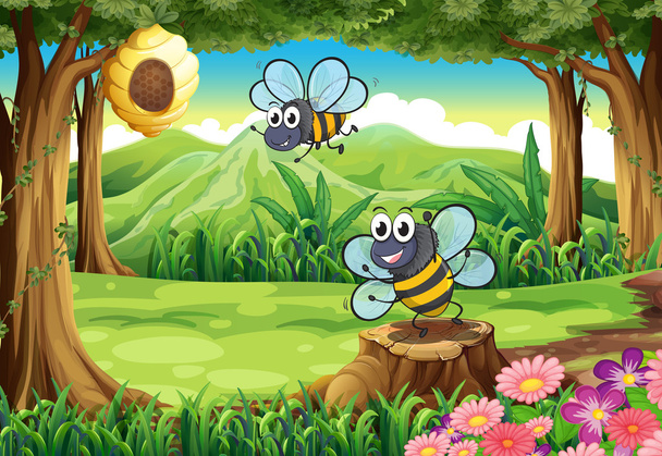 Un bosque con abejas y una colmena
 - Vector, imagen