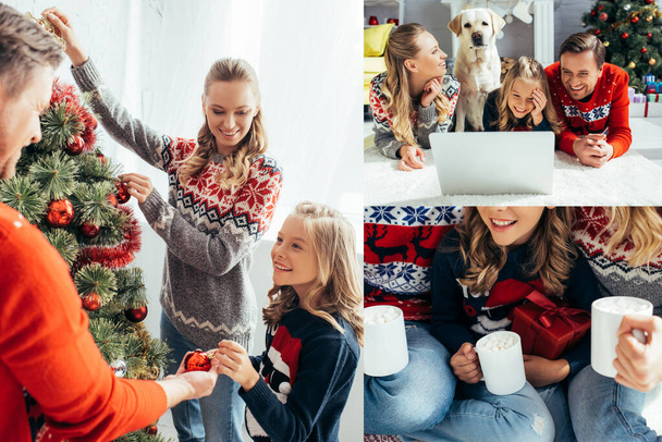 collage de famille heureuse riant tout en regardant le film près du chien, tenant des tasses et décorer l'arbre de Noël - Photo, image