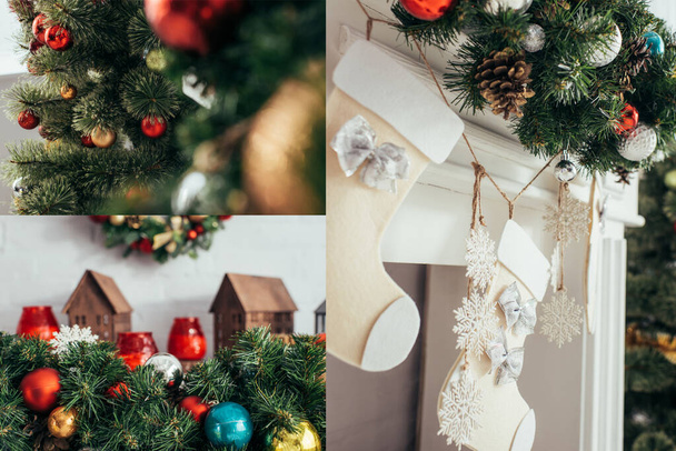クリスマスのストッキングや暖炉の近くのモミの上にカラフルなボールと松のコーンのコラージュ - 写真・画像