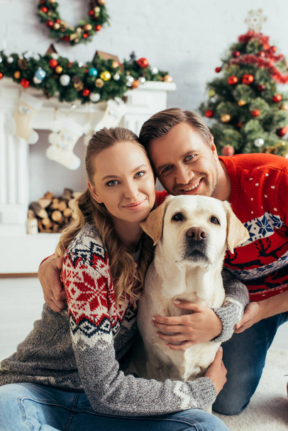 feliz pareja en suéteres de punto abrazando labrador en apartamento decorado en Navidad  - Foto, imagen