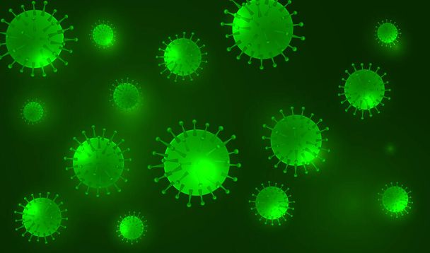 Coronavirus puhkeaminen ja 2019-nCoV vihreällä taustalla. Coronavirus bakteerit 2019-nCoV. Pandemian lääketieteellinen käsite. - Vektori, kuva