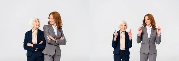Коллаж улыбающихся деловых женщин, смотрящих друг на друга, изолированных от серых - Фото, изображение