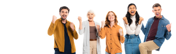 Excited multiethnic friends showing like and yeah gestures isolated on white, banner  - Zdjęcie, obraz