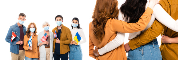 Collage of multiethnic people in medical masks holding flags and hugging isolated on white, banner  - Foto, Imagen